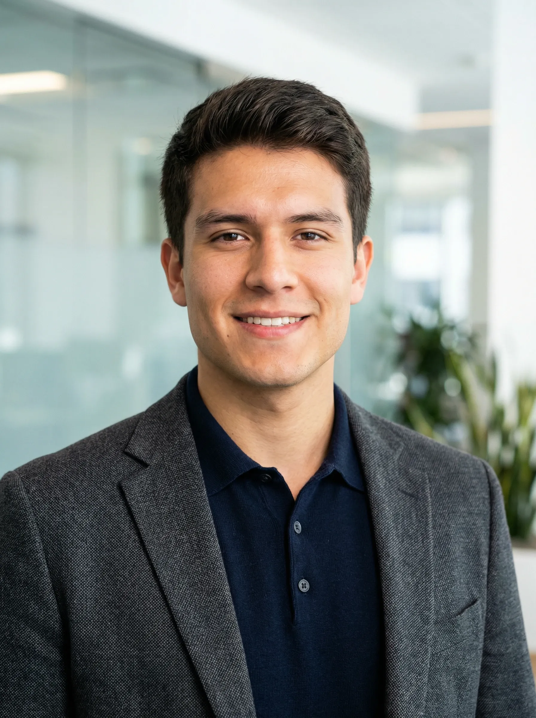 AI LinkedIn headshot — young man in a gray blazer and navy polo in a bright office